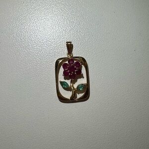 Gold Floral Pendant with Red and Green Stones